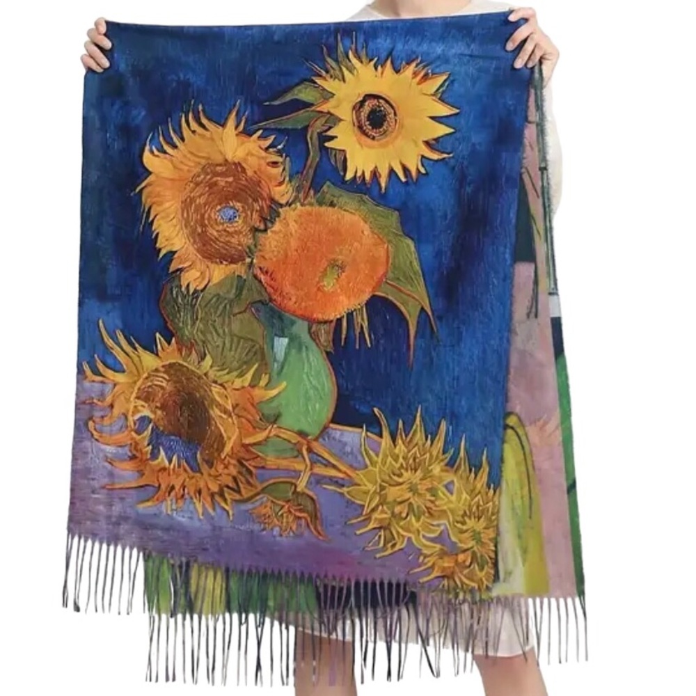Van Gogh Sunflower Art Print X-Large Scarf with Fringe, Reversible